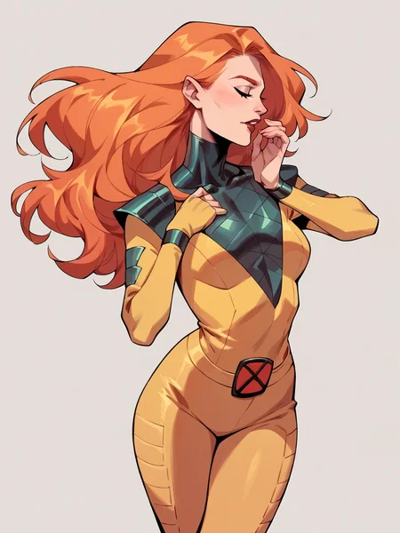 score_9, score_8_up, score_7_up, score_6_up, score_5_up, <lora:JeanGreyXLP:1> jean grey, 1girl, long hair, orange hair, yellow bodysuit