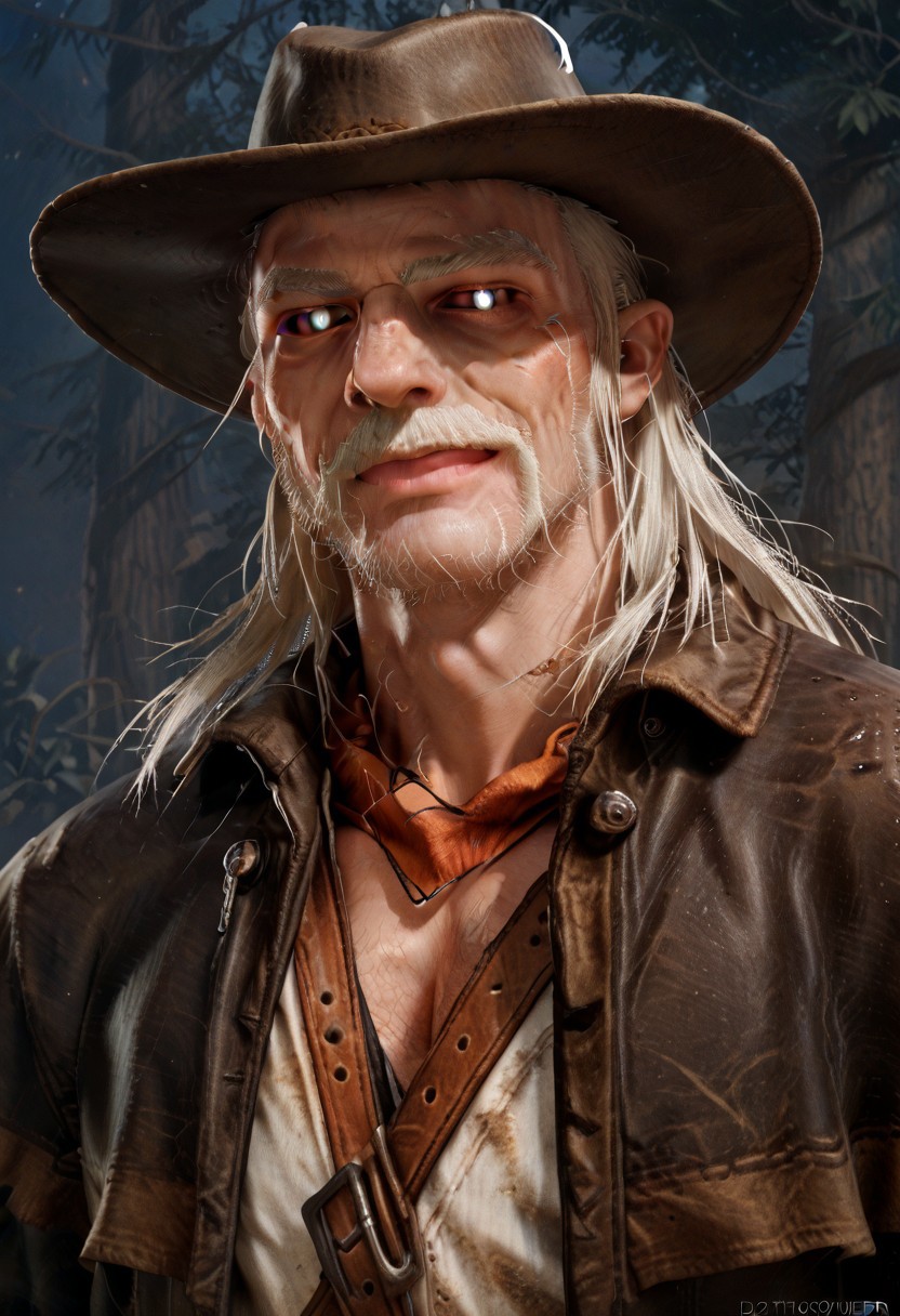 score_9, score_8_up, score_7_up, source_cartoon, solo, 1boy, dbd_deathslinger, old, white long hair, white mustache, black sclera, white pupils, cowboy hat, jacket, portrait, smirk,