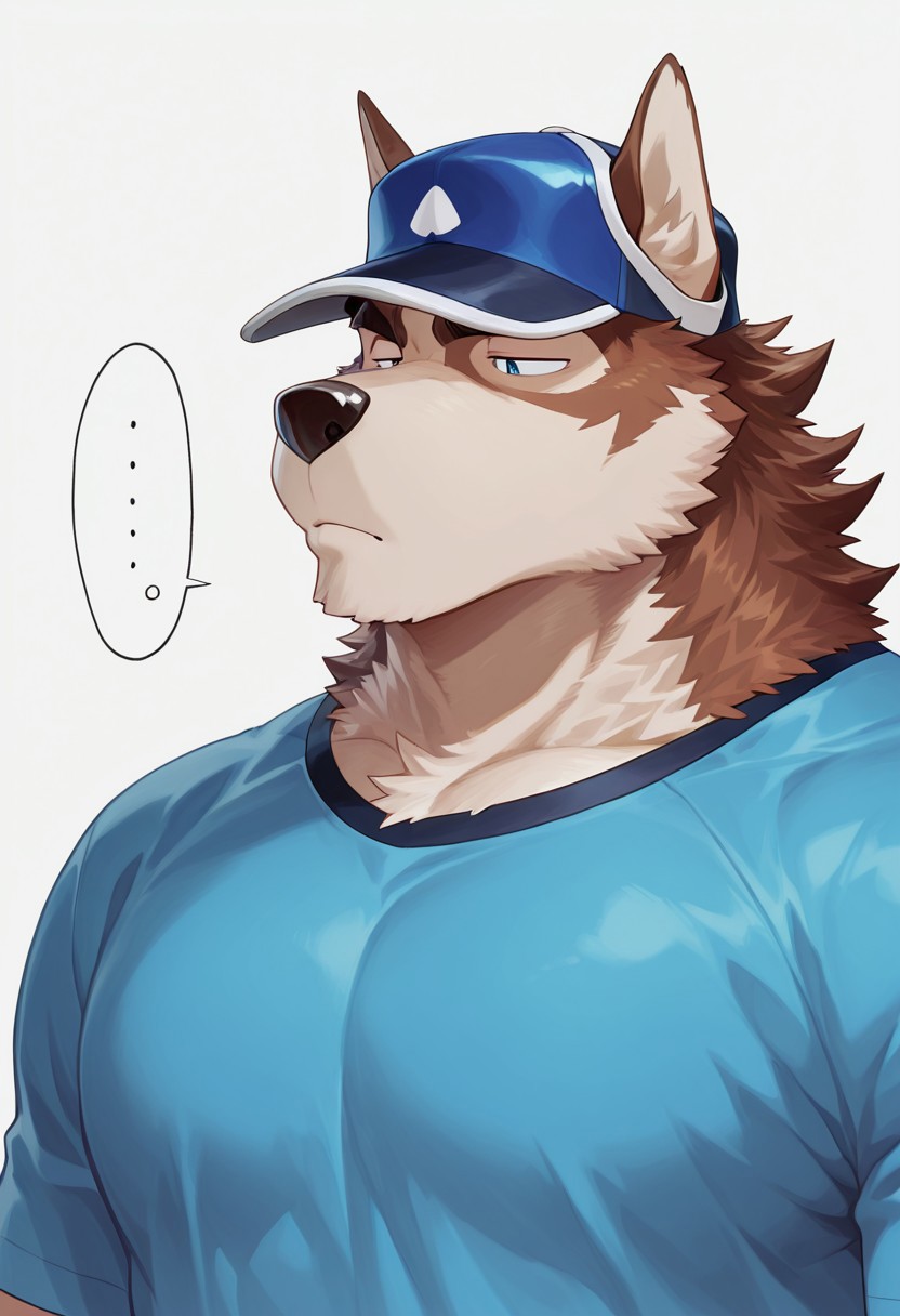 anthropo, solo, clothes, man, dog, canid, shirt, outerwear, canis, simple background, fur, white background, t-shirt, blue eyes, clothed, high resolution, pet dog, bust portrait, cute, takemoto arashi, half-closed eyes, ellipsis,