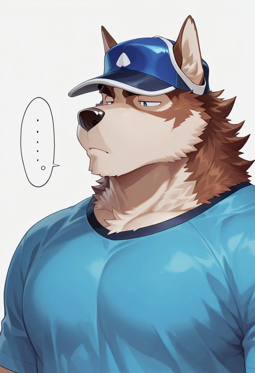 anthropo, solo, clothes, man, dog, canid, shirt, outerwear, canis, simple background, fur, white background, t-shirt, blue eyes, clothed, high resolution, pet dog, bust portrait, cute, takemoto arashi, half-closed eyes, ellipsis,