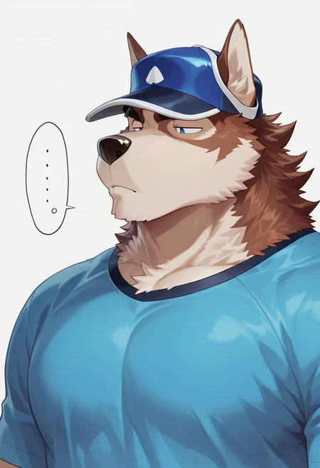 anthropo, solo, clothes, man, dog, canid, shirt, outerwear, canis, simple background, fur, white background, t-shirt, blue eyes, clothed, high resolution, pet dog, bust portrait, cute, takemoto arashi, half-closed eyes, ellipsis,