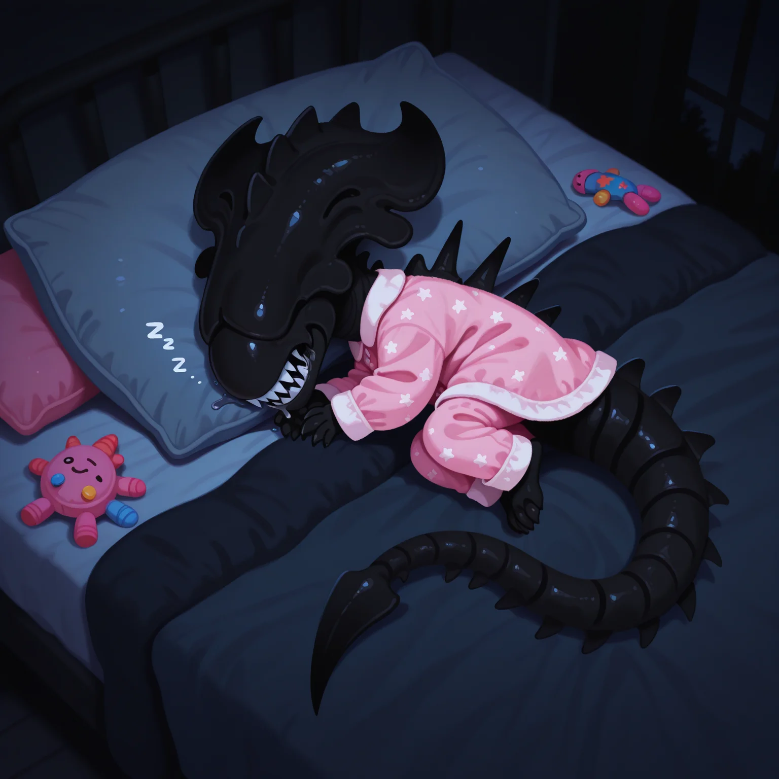 masterpiece, best quality, amazing quality, very aesthetic, absurdres, newest, pikaole, cute, chibi, (solo), xenif, teeth, sharp teeth, tail, no humans, monster, colored skin, black skin, claws, spikes, fluffy (pink pajamas), sleeping in bed, (curled up), colored pillows, under blue blanket, drool, toys, from above, dutch angle, night, dark, <lora:XenomorphQueenIL:1> <lora:pikaole:1>