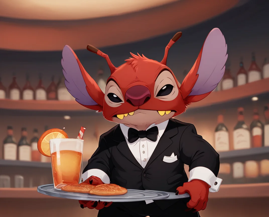 score_9, score_8_up, score_8, <lora:Leroy_aka_Experiement_627_Leroy_and_Stitch_for_PonyXL:0.8> 1boy, furry, antennae, ler0y, solo, black eyes, waiter, tuxedo, resturant,