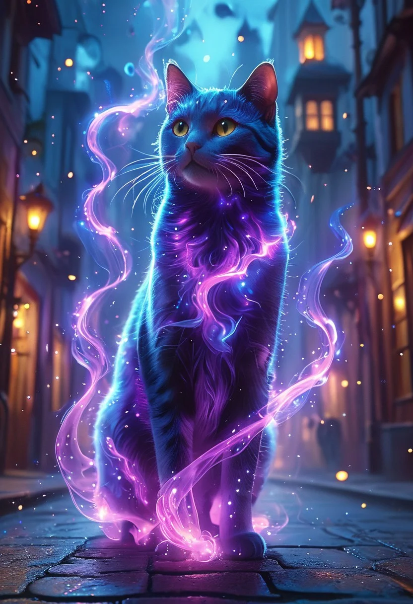 cute floating cat, ethereal glowing swirls, mystical light particles, dreamy atmosphere, vibrant neon mist, twilight city street, hyper-detailed fabric texture, soft illuminated fog, cinematic soft lighting, glowing blue and magenta hues, fantasy realism, enchanted night