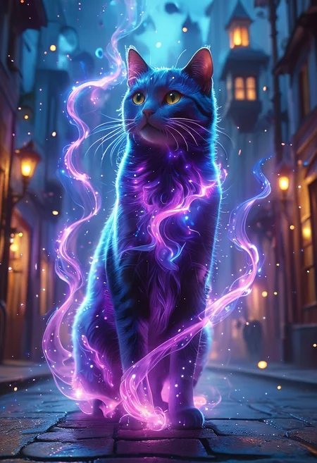 cute floating cat, ethereal glowing swirls, mystical light particles, dreamy atmosphere, vibrant neon mist, twilight city street, hyper-detailed fabric texture, soft illuminated fog, cinematic soft lighting, glowing blue and magenta hues, fantasy realism, enchanted night