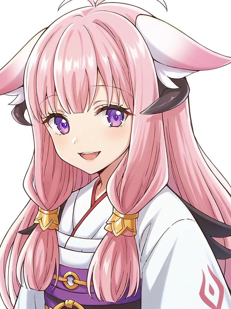 score_9, score_8_up, score_7_up,
1girl, hina rf, long hair, pink hair, purple eyes, low-tied sidelocks, horns, fox ears, close-up, face, white background, smile, open mouth, looking at viewer,
japanese clothes, white shirt,