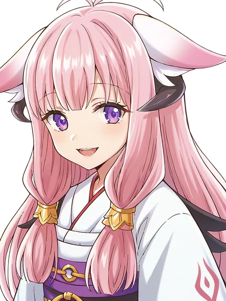score_9, score_8_up, score_7_up,
1girl, hina rf, long hair, pink hair, purple eyes, low-tied sidelocks, horns, fox ears, close-up, face, white background, smile, open mouth, looking at viewer,
japanese clothes, white shirt,