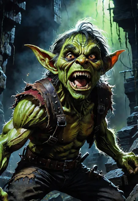 ((best quality)), ((masterpiece)), RTX, 8k, HDR, film plot, watercolor, oil paints, bright saturated colors, Bernie Wrightson, Darek Zabrocki, Gabriele Dell'otto, Ai Yazawa, Aleksi Briclot,image of a scary and grungy goblin, caricature style, scream, dark aesthetics, illuminating light, full frame, action pose, provocative gesture, insane detail, intricate details, beautifully shot, sharp focus, 6perfect anatomy, best composition, high contrast, cinematic, best art, atmospheric, gloomy, grotesque