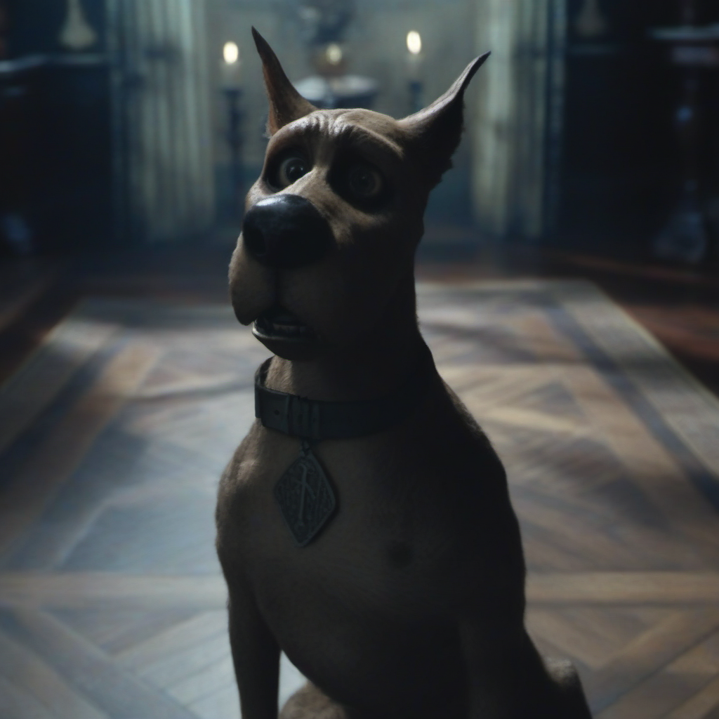 Horror-themed a dog with a collar scared in haunted mansion <lora:ScoobyDoo1024:0.8> . Eerie, unsettling, dark, spooky, suspenseful, grim, highly detailed