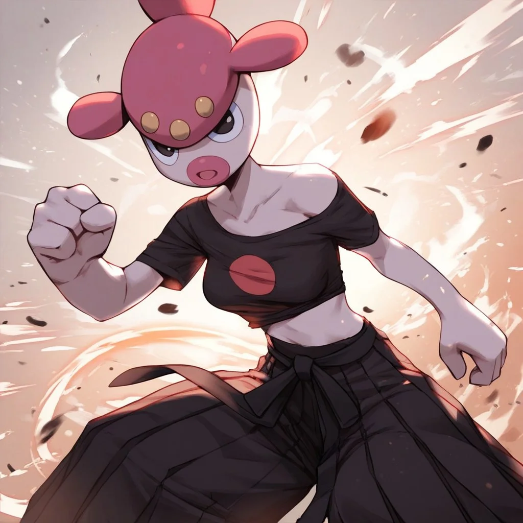 (Bfwf | (aqm:0.7), (score_9, score_8_up, score_7_up, score_6_up), source_anime, ratings_questionable, ((solo)), anthro,
Medicham_(Pokemon), small breasts,
((Black t-shirt, black hakama)), off-shoulder,
Fighting stance,
Forrest,