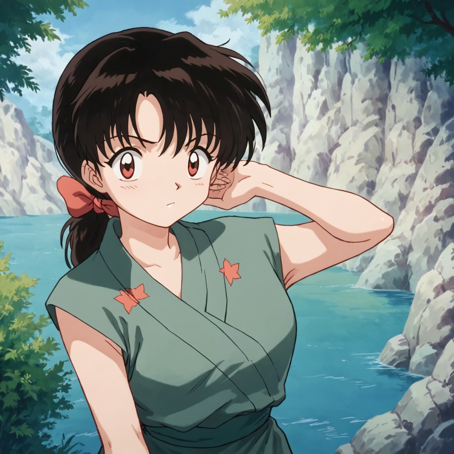score_9, score_8_up, score_7_up, 1girl, outdoor,  
ponytail, hair bow, japanese clothes, black hair, brown hair, posing, inuyasha, 1990's artstyle