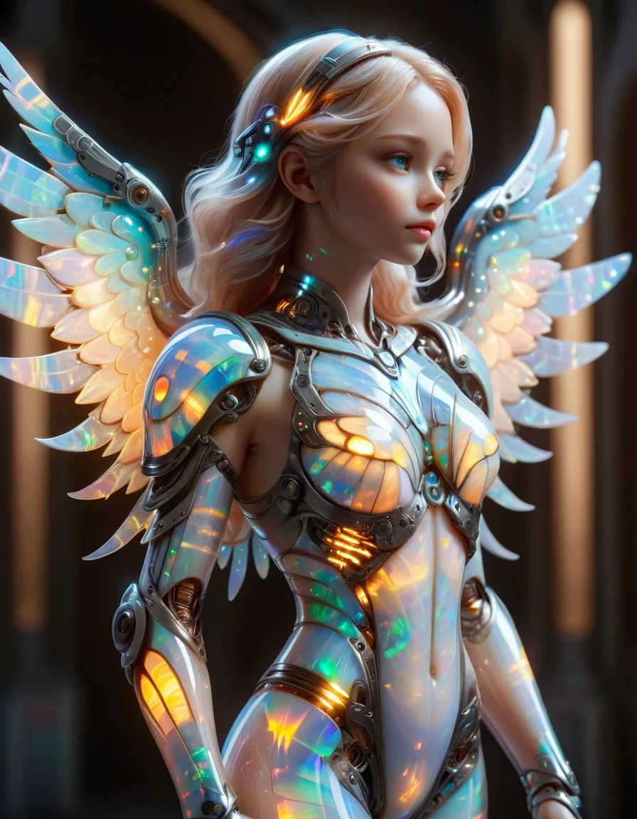 (best quality, masterpiece, colorful, dynamic angle, highest detailed)upper body photo, full body photo, fashion photography of cute mechangel, glowing 4 wings, solo, glowing armor, glowing halo, building, glowing mechanical 4 wings (intricate details, hyperdetailed:1.15), detailed, light passing through hair, (official art, extreme detailed, highest detailed), made out of ral-opal <lora:ral-opal-sdxl:1>