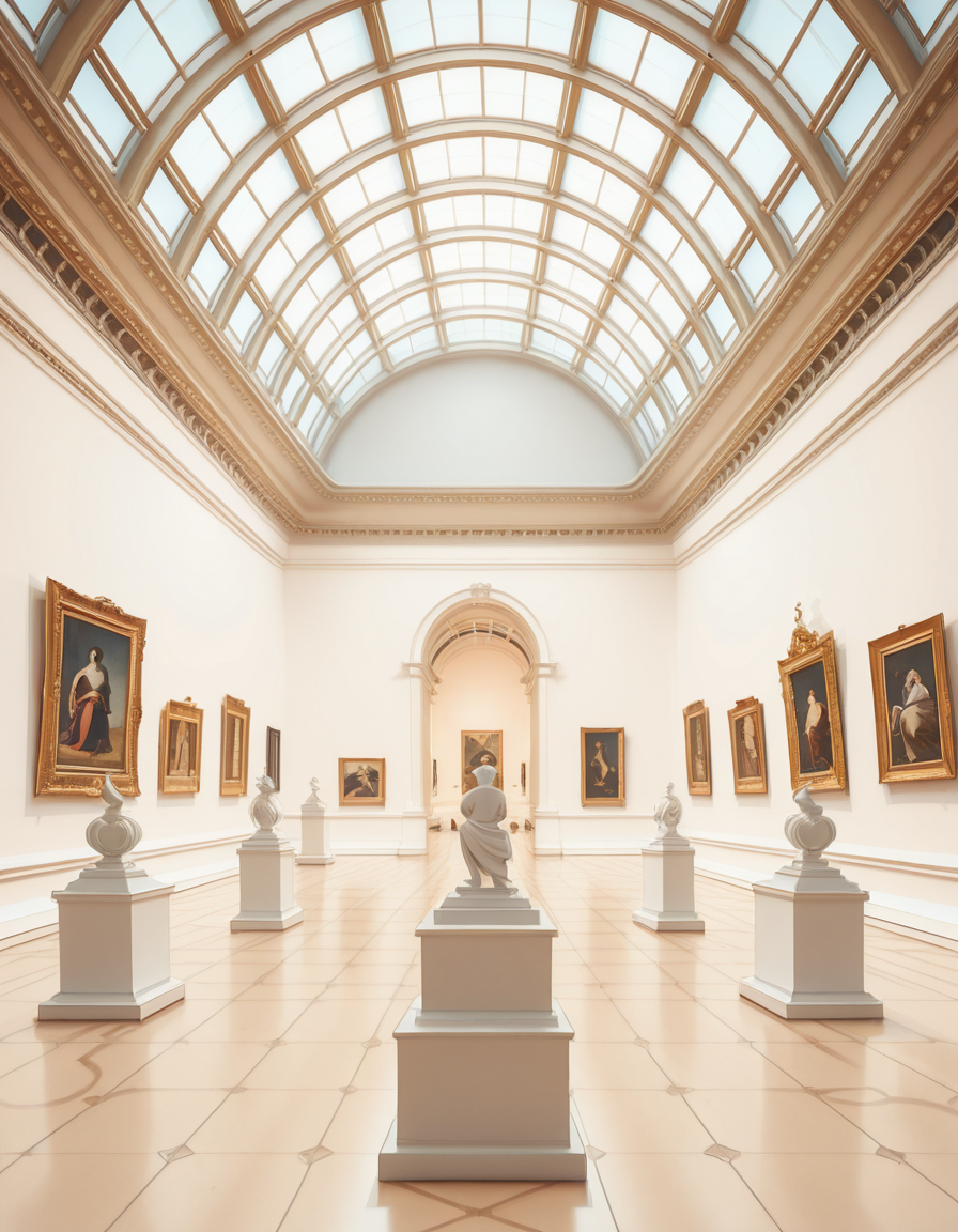 A high-resolution photograph of the interior of a grand art museum, featuring vast halls with high ceilings, intricate architectural details, and polished marble floors. The museum is illuminated by soft, natural light filtering through large arched windows, casting gentle shadows on the walls adorned with classical and modern paintings in ornate golden frames. In the center, a marble sculpture stands on a pedestal, surrounded by velvet ropes. Visitors walk around, some admiring the artwork, others engaged in quiet discussions. The atmosphere is serene and intellectual, with a warm color palette of beige, gold, and deep reds enhancing the elegance of the scene. The perspective is wide-angle, capturing the depth and scale of the museum, evoking a sense of awe and admiration.
<lora:SDXLFaeTastic2400:0.4> <lora:extremely_detailed:0.4> extremely detailed,art mus3um, <lora:art_mus3um-i:1>, Masterpiece,best quality,hi res,8k,hi res,8k,award winning,(sharp focus, intricate, highly detailed),