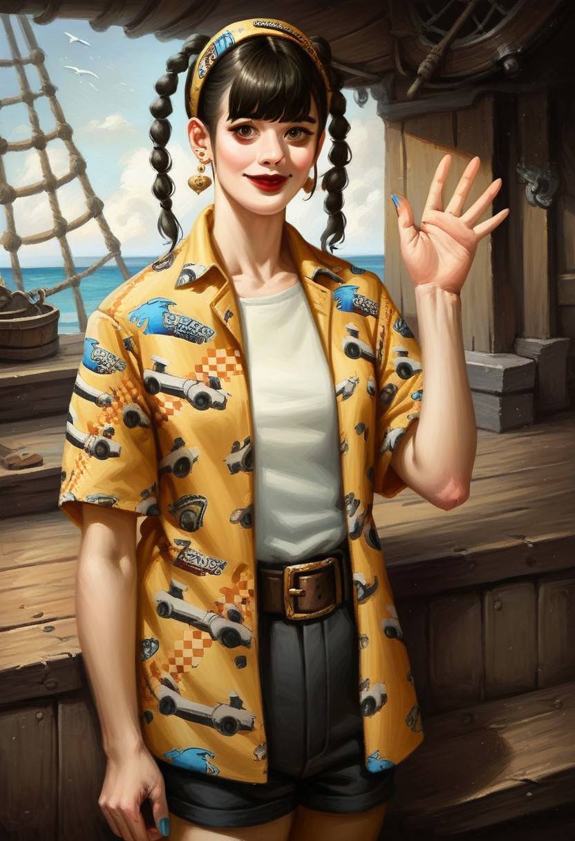 score_9_up , score_8_up, score_7_up, score_6_up, 1girl, solo, Ran_PY, black hair, twin braids, bangs, brown eyes, red lips, earrings, hairband, yellow print shirt, open clothes, white t-shirt, belt, black shorts, blue nail polish, standing on the deck of a pirate ship, cute smile, waving, close up, (realistic, painted art)