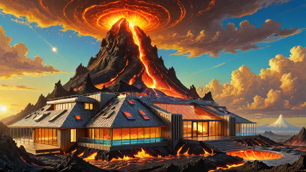 building, <lora:ral-lava-sdxl-v2:0.5> lava, volcanic, ral-lava, architecture of a Celestial body, at Sunset, Sharp and in focus, Cosy, ultrasharp, vivid colors, sunny, positive emotional, beautiful detailed supreme quality color intricate, original, magical composition, contemporary fine detail, professional fine composition