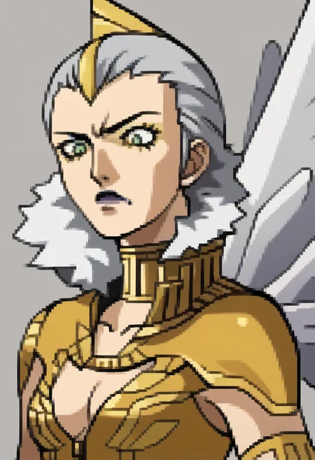 score_9, score_8_up, score_7_up, source_anime, BREAK 1girl, serious, <lora:P2-Protraits-pdxl_Fp:1> portrait, simple background, <lora:zs_AbdielXL:1> abdielsmtv, dark skin, grey hair, short hair, green eyes, yellow bodysuit, cleavage, elbow gloves, lipstick, wings