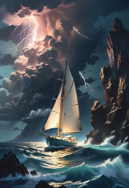 hyperrealism, 8k, HD, HDR, masterpiece, high resolution, A sailboat sails in a storm at sea, a strong thunderstorm, squall, storm, fire on a sailboat, strong fire on a sailboat, a rocky coast is visible nearby, cinematic, visual key, best quality, by hayao Miyazaki, by makoto shinkai, soft dim lighting, pastel colors, night, stars, creepy, horror, mysterious, ideal depth of field, by: Alex Kashin, Artgerm Karol Buck and Greg Staples and Beeple Dan McFarlin Daniel Gerhartz and Salvador Dali used o'dar 3 0 mm bright but clear graphics,