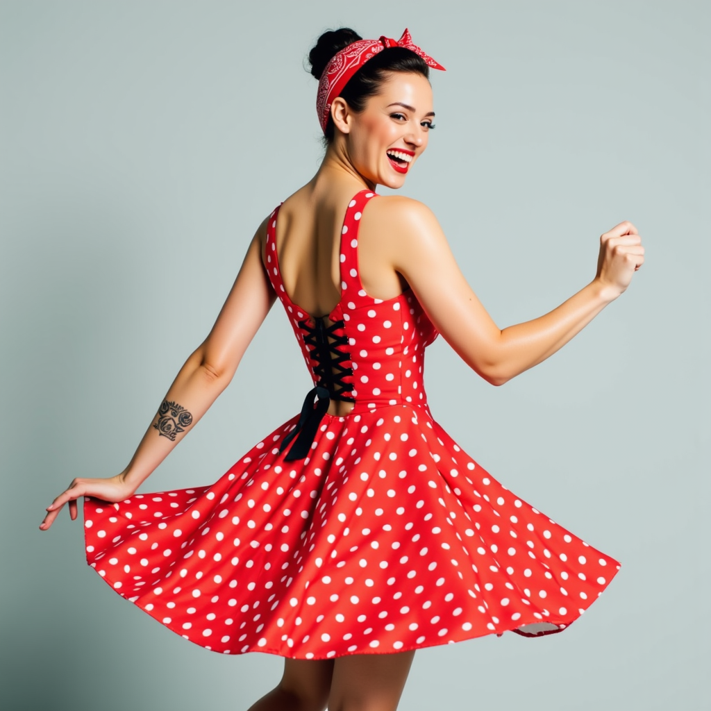 Ultra realistic, ultra detailed textures,Ultra realistic, ultra detailed textures, cinematic, cinematic lighting, a woman in mid-motion, twirling in a playful manner against a plain, light grey background. She is dressed in a vibrant red, polka-dotted dress with white polka dots, reminiscent of a classic 1950s style. The dress features a fitted bodice with a black ribbon lacing up the back, which adds a touch of retro elegance. The skirt of the dress is full and flared, creating a dramatic effect as it twirls around her legs.
The woman has a light skin tone and appears to be of Caucasian descent. She has a slender build with a medium-sized bust. Her hair is tied back in a tight bun, secured with a red bandana featuring a white paisley pattern. She is smiling broadly, exuding a sense of joy and carefree energy.
Her left arm is raised slightly, adding to the sense of motion. A small tattoo is visible on her left forearm, adding a touch of personalization to her appearance. The photograph is well-lit, with soft shadows that highlight the texture of the dress and the playfulness of the pose. The overall style is playful and nostalgic, capturing the essence of vintage fashion and movement.<lora:rockabilly8x:0.9> r0ckb1ll1v2, r0ckb1ll1