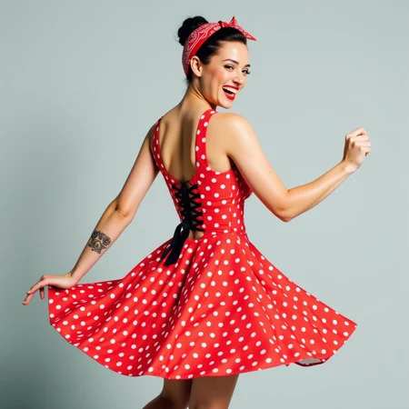 Ultra realistic, ultra detailed textures,Ultra realistic, ultra detailed textures, cinematic, cinematic lighting, a woman in mid-motion, twirling in a playful manner against a plain, light grey background. She is dressed in a vibrant red, polka-dotted dress with white polka dots, reminiscent of a classic 1950s style. The dress features a fitted bodice with a black ribbon lacing up the back, which adds a touch of retro elegance. The skirt of the dress is full and flared, creating a dramatic effect as it twirls around her legs.
The woman has a light skin tone and appears to be of Caucasian descent. She has a slender build with a medium-sized bust. Her hair is tied back in a tight bun, secured with a red bandana featuring a white paisley pattern. She is smiling broadly, exuding a sense of joy and carefree energy.
Her left arm is raised slightly, adding to the sense of motion. A small tattoo is visible on her left forearm, adding a touch of personalization to her appearance. The photograph is well-lit, with soft shadows that highlight the texture of the dress and the playfulness of the pose. The overall style is playful and nostalgic, capturing the essence of vintage fashion and movement.<lora:rockabilly8x:0.9> r0ckb1ll1v2, r0ckb1ll1