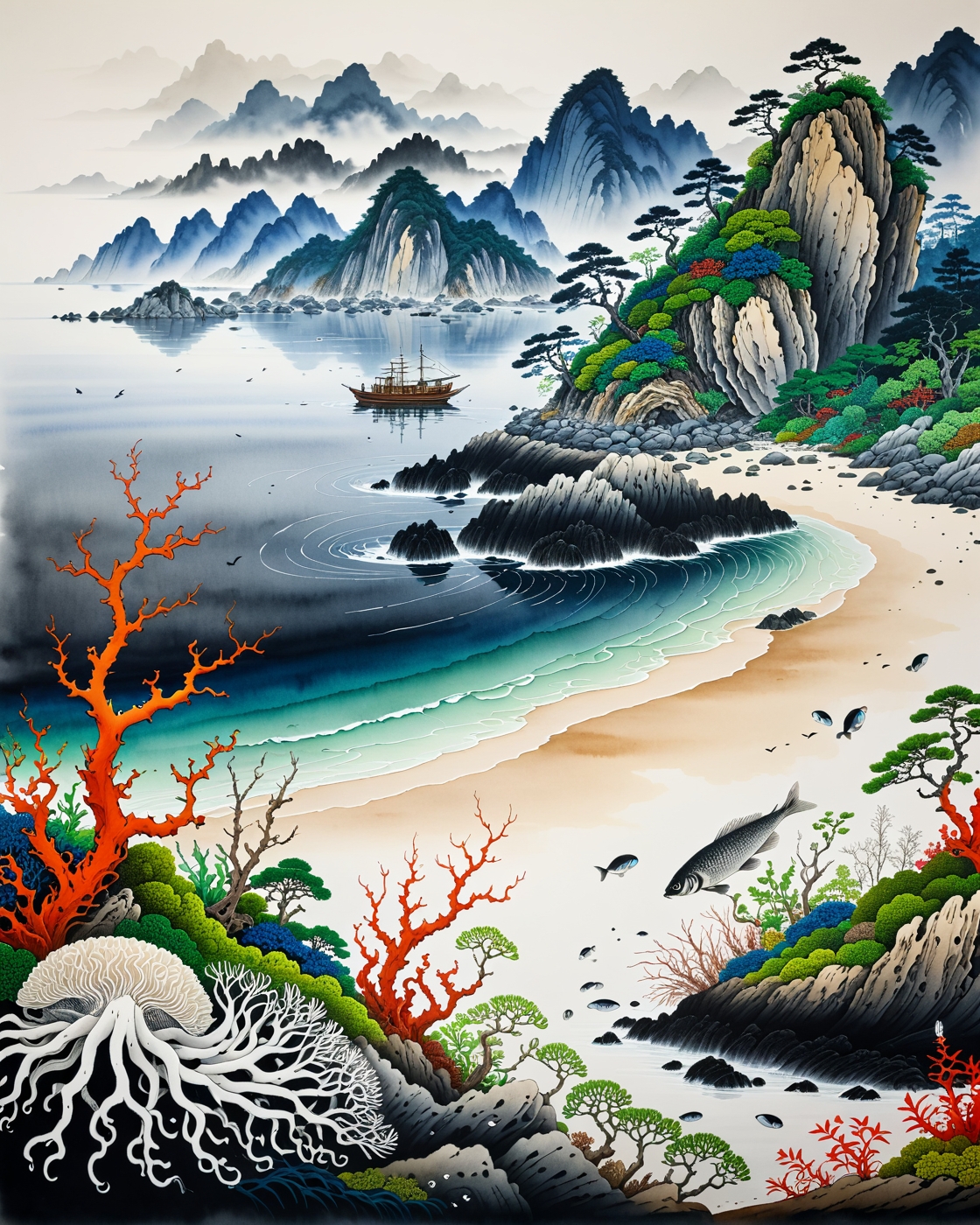 Creator Landscape, 
(style ofI-Hsiung Ju (Chinese ink oceans)), 
peacock worm filtering, Temperate kelp forest shoreline, cuttlefish bones, AcademicLandscape/seascapes_objects, 
<lora:extremely_detailed:0.8> extremely detailed,
<lora:add-detail-xl:0.3>,
<lora:dreamshaperXL10_lora:0.3>
detailxl,
advntr,