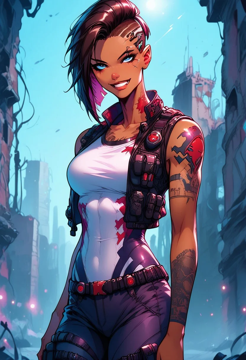 score_9, score_8_up, score_7_up, score_6_up, score_5_up, masterpiece, perfect face, perfect hands,perfect eyes, high quality,
side stance dynamic pose, (1Big scar over one eye and eyebrow down to cheek:2,0), evil look in the eyes,standing, looking at viever,
athletic build, 1dark elf girl, black brown skin color, long side cut,long elf ears, short spiky hair, hair color mix white and copper red, breasts, (1sleeve Tattoo: 1,0) blue eyes,
cargo pants, white V cut t-shirt, (( bullet proof vest)), sneakers,
knee pads, tactical glowes, utility belt, bandolier, on neck small barcode tatto, (huge bulky cybernetics on head:3,0), steel plate on head,
smirk, cheerful, 1 silver tooth,
cybernetics only on head,
cyberpunk,
BREAK
urban sci-fi, light rays, windows, city ruins, city ruins, warzone, street, , (burning building:2,0),
ais-rmr,easynegative,