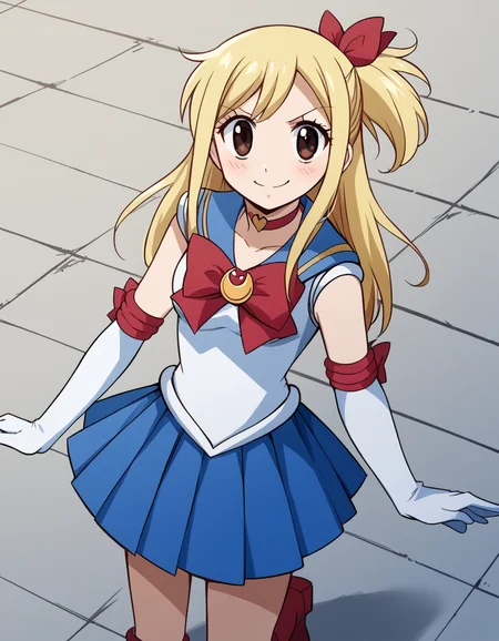 score_9, score_8_up, score_7_up, source_anime, lucyheartfilia, <lora:lucy-heartfilia-s7-ponyxl-lora-nochekaiser:1>, lucy heartfilia, blonde hair, brown eyes, long hair, one side up, ribbon, hair ribbon, blue ribbon,, <lora:sailor-moon-cosplay-ponyxl-lora-nochekaiser:1>, sailormooncosplay, sailor moon \(cosplay\), back bow, blue sailor collar, blue skirt, boots, bow, brooch, choker, crescent moon, elbow gloves, gloves, jewelry, knee boots, magical girl, pleated skirt, red bow, red choker, ribbon, sailor collar, sailor senshi uniform, skirt, white gloves,,, outdoors, streets, smile, blush,, cowboy shot, dutch angle, solo,
