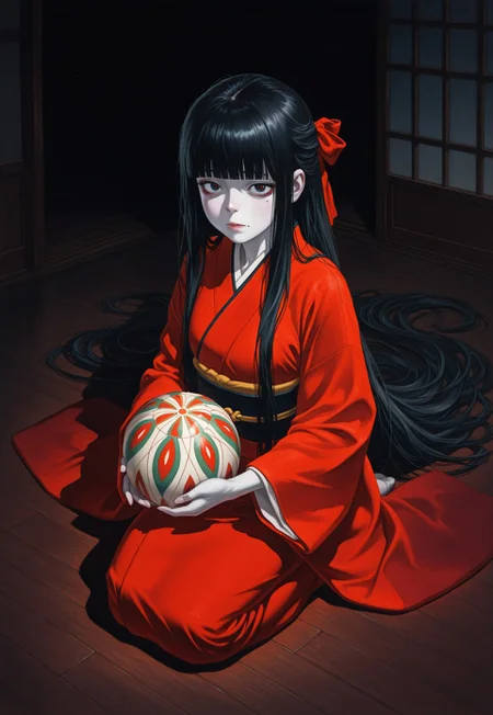 masterpiece,best quality,amazing quality,1girl,solo,monster, long hair, black hair, very long hair, blunt bangs, japanese clothes, kimono,pale_skin, wide sleeves, long sleeves, hair ribbon, looking at viewer, sitting, seiza, mole, solo, red kimono, wooden floor, indoors,holding, temari ball, red ribbon,low_light,dark_room,horror (theme),from above,b3rnie, ink (medium), watercolor (medium)