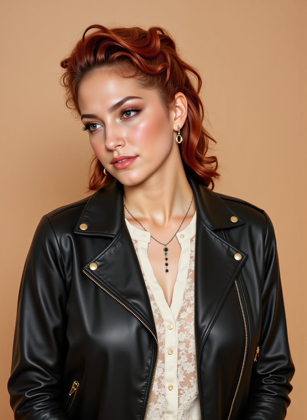 profile headshots, She is approximately 18 years old,  photoshoot poses, dynamic angles, multiple angles, photoshoot poses; a photo of Gloria_older_HR, a woman with red hair, and earrings. Busty breasts, She is wearing a black leather jacket with a white frilly shirt, She is wearing a necklace. she is standing in front of a simple beige background. Style: realistic hyper-detailed rendering, 32k UHD, expressive eyes, punk, graphic design, girl's face, pretty and cute, gleaming lips, telling a tale of adventure. Exuding confidence and serenity. The overall mood of the image is happy and relaxed,detailed skin texture,(blush:0.2),(goosebumps:0.3),subsurface scattering,with a playful and whimsical tone,Detailed hand, perfect hands, Niji style, retro50s_style, 
