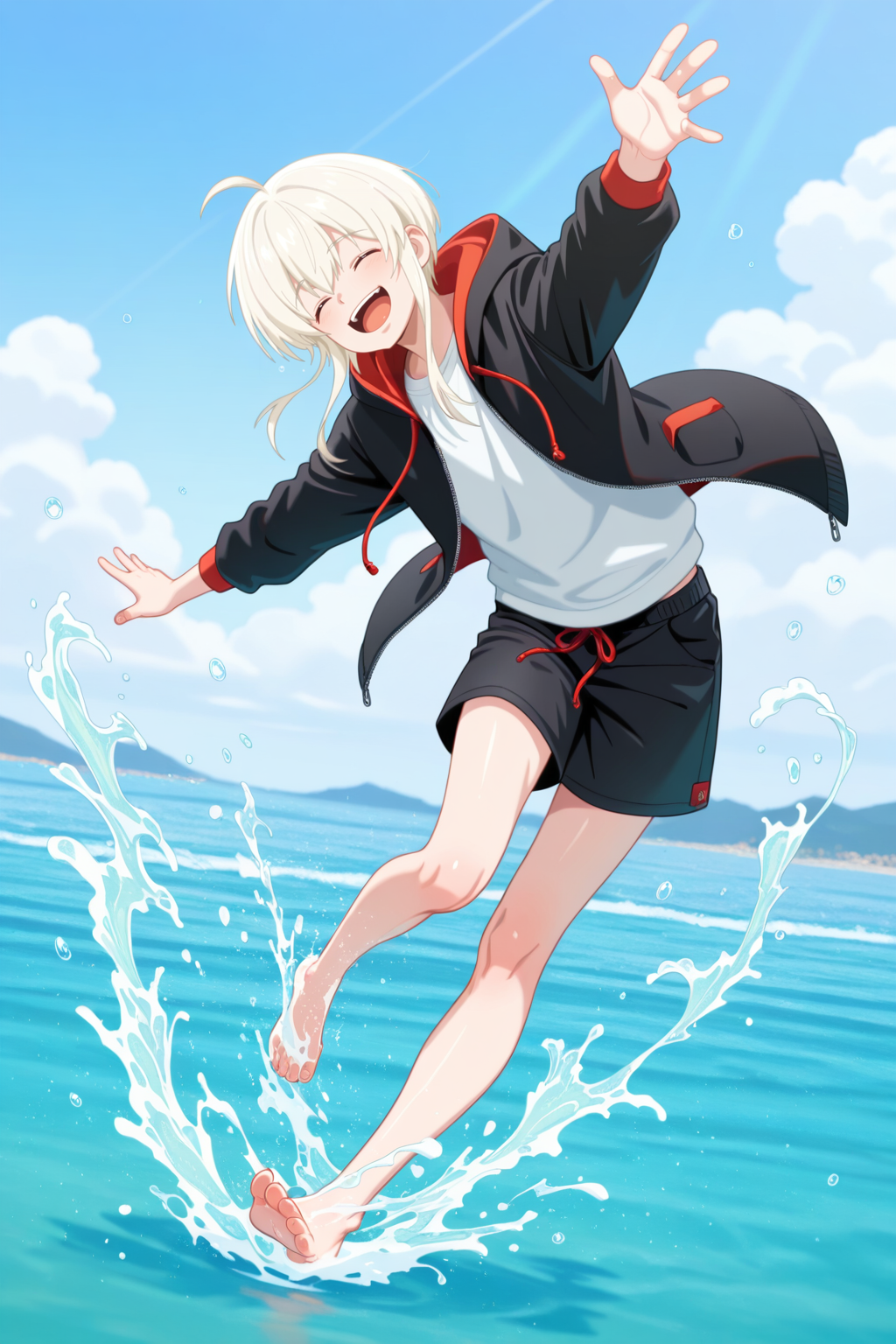 <lora:RIDKEW-IL:0.9>, evelogia, white hair, red eyes, ahoge,1boy,solo, splashing,shorts,hood,closed eyes,open mouth,smile,full body,bara,male focus,very awa,masterpiece,best quality,amazing quality,nsfw,uncersored,highres,best quality,amazing quality,best aesthetic,absurdres,