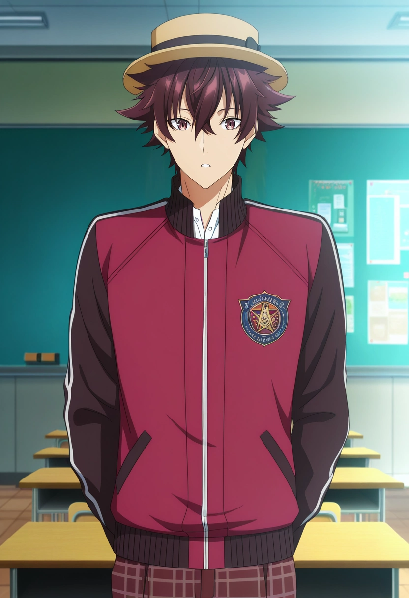 masterpiece, best quality, intricate details, anime screencap, anime coloring, official style,, 1boy, solo, male focus, <lora:yuuya_tenjou_ilxl:0.98>, yuuya_tenjou, brown hair, brown eyes, short hair, hair between eyes, spiked hair, bangs, , classroom setting, organized desks, vibrant posters, soft daylight, teaching pose, encouraging expression, academic lighting, Plaid trousers, Champagne Lace Striped Varsity jacket, , Boater hat,