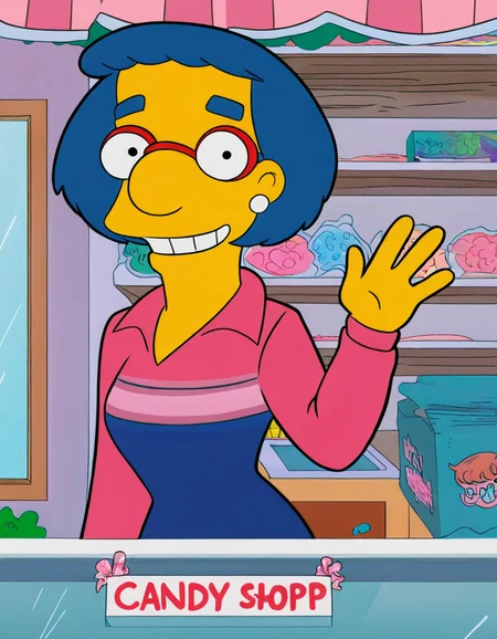 luann_simpsons, woman, glasses,  red-framed eyewear, smiling, looking at viewer, waving, in candy shop, masterpiece, best quality, 
<lora:the_simpsons:1>