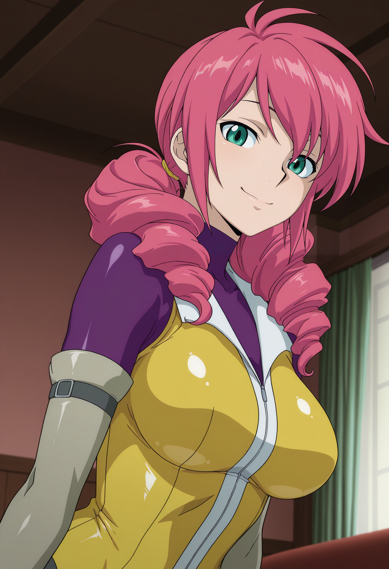 1girl,solo,mm,mature female,pink hair,twintails,long hair,green eyes,drill hair,anime coloring,
bodysuit,yellow bodysuit,elbow gloves,upper body,looking at viewer, smile,indoors
,masterpiece,best quality,amazing quality,<lora:Feldt_Grace-Gundam_00_Season1:0.8>