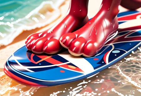 score_9, score_8_up, score_7_up, score_6_up, score_5_up, score_4_up, 1girl, furry female, alice, red squirrel, barefoot, red feet, 3 toes, foot focus, water, surfing, feet on surfboard, wet on feet, close-up