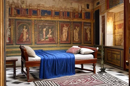 (masterpiece:1.2), (best quality,:1.2), 8k, HDR, ultra detailed, ((photorealistic)), professional light, cinematic lighting, fashion photography, ambient lighting, face lighting, <lora:detail_slider_v4:1>, Fantasy picture, OverallDetail, ancient roman room with a statue and candles in it and a bed in the middle of the room with a blue blanket on it and a blue blanket on the floor, RomInt, <lora:RomanInterior-10:1>, epiCPhoto