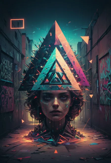 Surreal graffiti, glitchcore, double exposure, poster style, geometric, triangles, glitchy, eerie, lights, occult, dark,