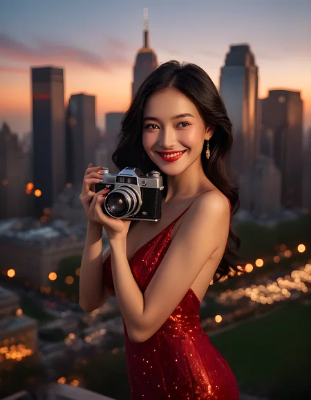 In the heart of a bustling urban park, under the soft, golden glow of a setting sun filtered through towering skyscrapers, stands a captivating woman named N4NCYJMM. Her raven-black hair cascades down her shoulders like a waterfall, framing her radiant face with delicate precision. She wears an elegant red dress that flows gracefully with the breeze, accentuating her poise and confidence. The woman leans slightly forward, tilting her head just so, revealing her warm, inviting smile and sparkling brown eyes. In her left hand, she holds a prop reminiscent of a vintage camera, its intricate details gleaming in the fading light. Behind her, the cityscape comes alive with twinkling lights and shadows cast by the evening's approach, serving as a vibrant backdrop to this enchanting portrait.