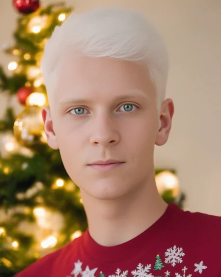 front view shot,
man, short hair, natural green eyes,
white hair, white eyebrows, forehead,
red tshirt,
Christmas decoration, christmas
<lora:detailedeyebrows_v0_5:0.8>