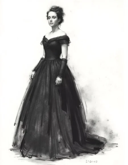 Minimalist charcoal drawing of a Beautiful woman in a rich victorian dress. Drawn with large charcoal smudges. almost abstract. Less detailed. Simple drawing.<lora:Charcoal.safetensors:1.0:1.0>