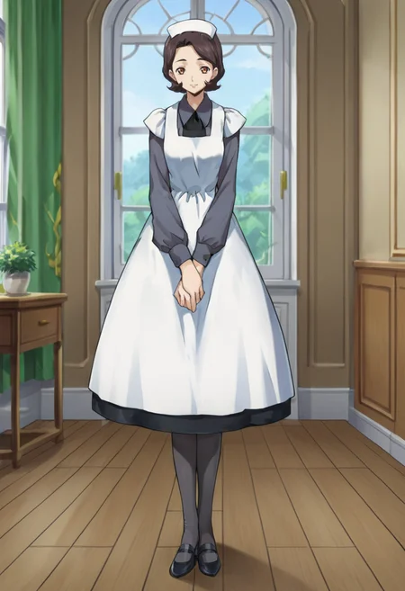 score_9,score_8_up,score_7_up,anime coloring BREAK source_anime,anime,<lora:Sayoko_Shinozaki_Code_Geass_Pony:0.8>,ssayoko,1girl,solo,short hair,brown hair,maid headdress,maid,apron,grey blouse,black skirt,grey thighhighs,shoes,smile,standing,v arms,indoors,room,window,looking at viewer,