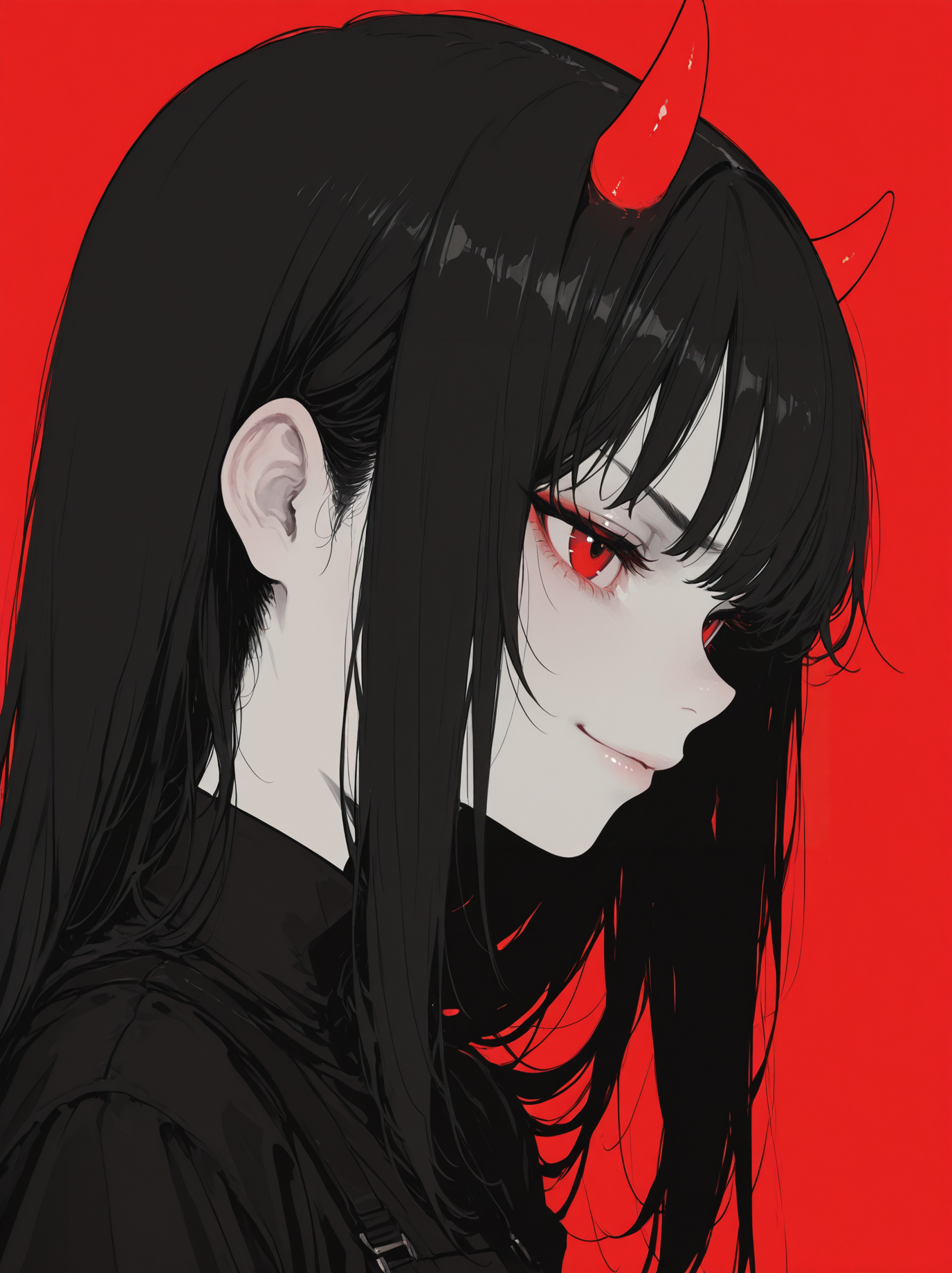 masterpiece, best quality, absurdres, newest, soberb girl, pale skin, small red devil horns, long black hair, red eyes, red background <lora:Sinozick_Style_XL_Pony:1> sinozick style, flat color, dark theme, profile, dutch angle, light angry smile