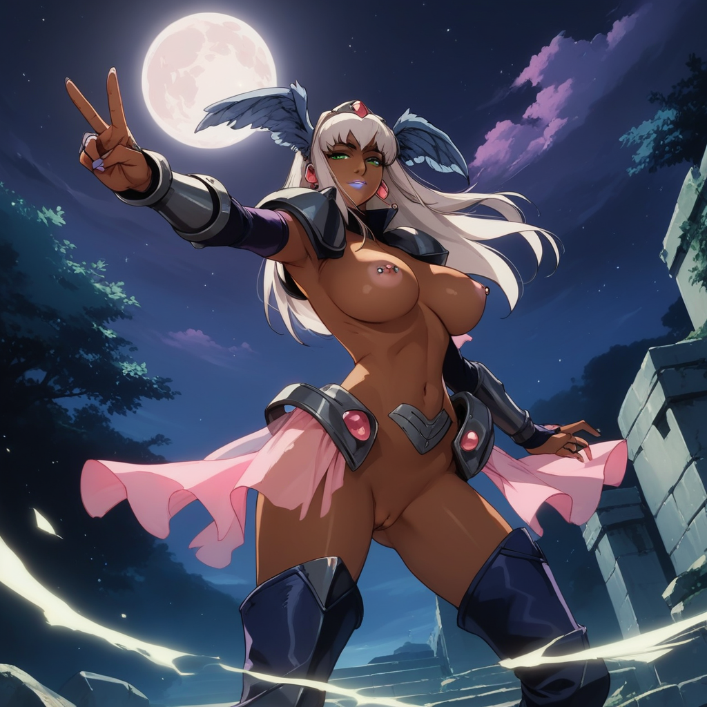retro_artstyle, 4ng3lBl4de_styl3, 2000s_(style), score_9, score_8_up, score_7_up, score_6_up, uncensored, BREAK, Nailkaiser is showing V sign, outstretched arm, cowboy shot, dark-skinned female, 1girl, looking at viewer, seductive smile, half-closed eyes, white hair, long hair, head wings, white lipstick, green eyes, earrings, crop top, naked armor, bridal gauntlets, pink see-through, thigh boots, large breasts, nipple piercing, pussy, light areola, nipples, outdoors, full moon, night sky, complex background,