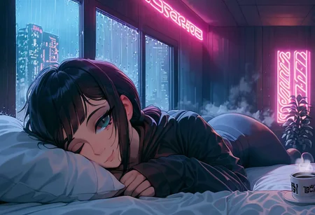 score_9,score_8_up,score_7_up,score_6_up, 1girl,
sitting in bed next to a large window, holding coffee cup, steaming coffee cup on windowsill, wearing croptop hoodie, black croptop hoodie, long hair, black hair, low ponytail hairstyle, pov from outside, view from putside the window looking into the room, looking out window, head resting on pillow laying on the bed, hoodie, plants on the windowsill, looking out the window, looking at viewer, background is the bedroom, tidy bedrrom, small room, cramped bedroom, teddies on the bed,, wearing legging, see through thights, black tights, cyberpunk city view out of the window, raining outside, heavy rain outside, neon light, purple neon lights, cat on the bed, pet cat in the room, pet cat sleeping on the bed
