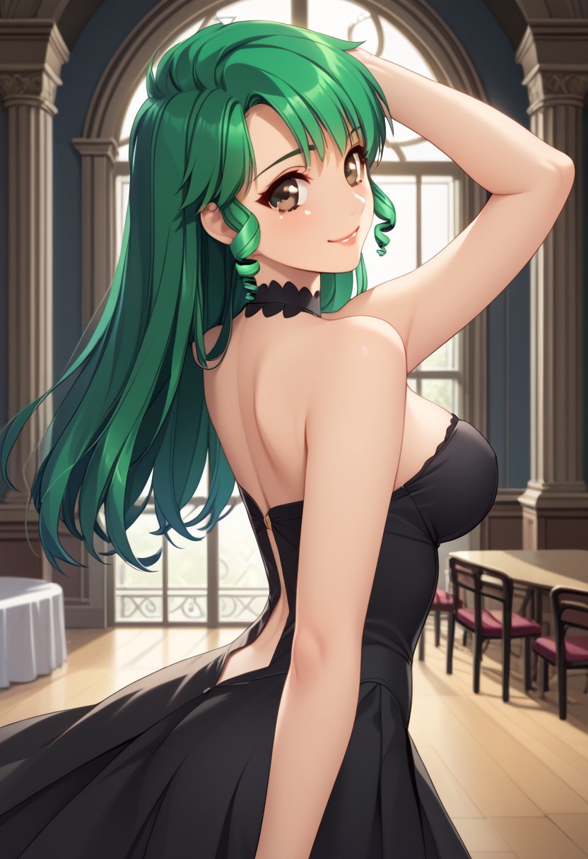 score_9, score_8_up, score_7_up,BREAK  chih,brown eyes,green hair,drill hair,twin drills, dancing in the midnight, moonlight, looking at viewer