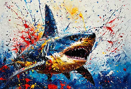 professional photograph of shark rising from the sea, ocean scene, splashes, blues, whites, yellows, reds, extreme detail, ultra realism, depth of field, viginette