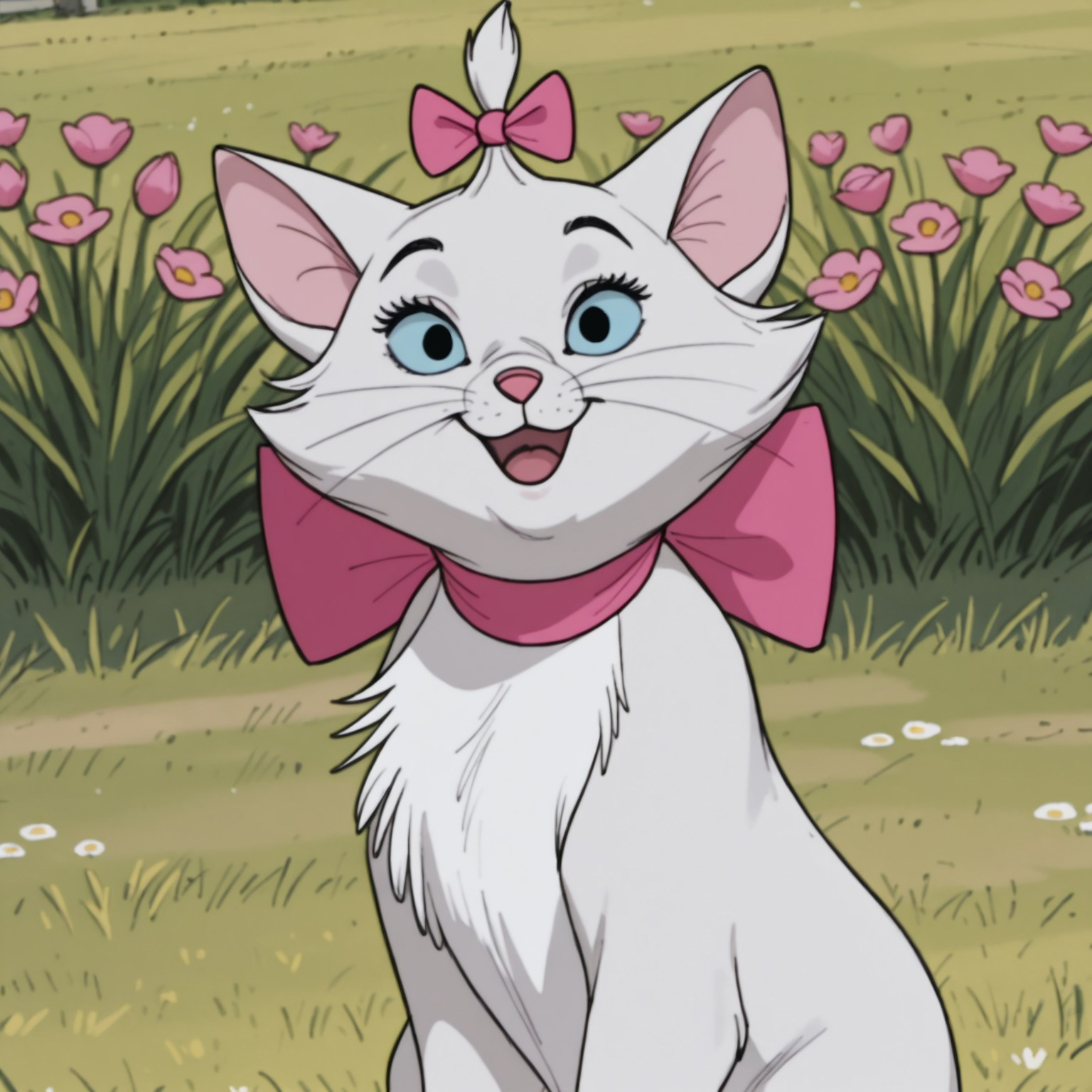 uncensored, masterpiece, best quality, highly detailed, realistic, solo, MarieAT, furry, feral, feline, cat, pink inner ear, black eyebrows, light-blue sclera, black eyes, pink nose, white body, white fur, white chest tuft, pink bow ribbon, neck bow, bow accessory, whiskers, upper body, sitting, close-up, smile, open mouth, looking at viewer, grass, flowers, backyard, detailed background