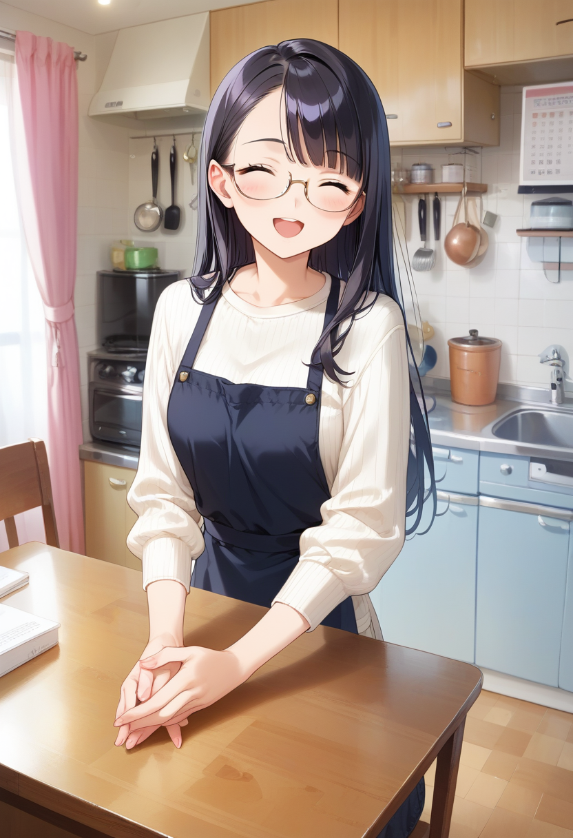 score_9, score_8_up, score_7_up, rating_safe, masterpiece, best quality, absurdres, unity 8k wallpaper, official art, official style, source_anime, uncensored, game cg, megami magazine,
1girl, solo, glasses, black hair, long hair, white ribbed sweater, black apron,  happy, smile, looking at viewer, closed eyes, open mouth, own hands together,
JPkitchen, calendar (object), chair, indoors, scenery, window, sink, table, lamp, kitchen, curtains, cabinet, clock
<lora:JP_kitchen_PONY_V1:1>