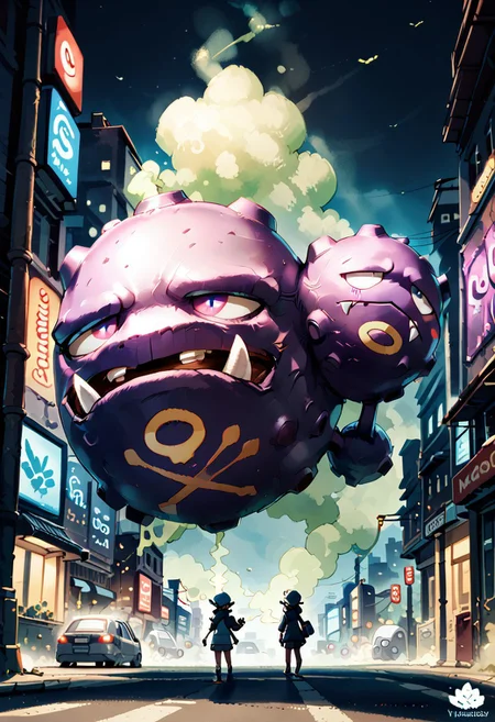 score_9, score_8_up, score_8,
zzWeezing, no humans, pokemon (creature), fangs, smoke,
city lights, smog, graffiti,
zPDXL3,