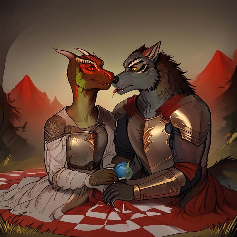 score_9, score_8_up, score_7_up, score_6_up, score_5_up, score_4_up, (warewolf with brown fur:1.6), (2 characters:1.25), rating_safe, (dress, robe:0.8), (armor:0.5), (skyrim:1.2), (warewolf in armor:1.6), warewolf with argonian, (green and blue scales:1.5), (green scales:2), (anthro reptile with wolf:1.2), (colourful background, in the forest:1.2) (blue sky:0.4), (green background:0.6), argonian female, female reptile, male wolf, male werewolf, (having a picnic:1.2), furry male, flat color, easynegative