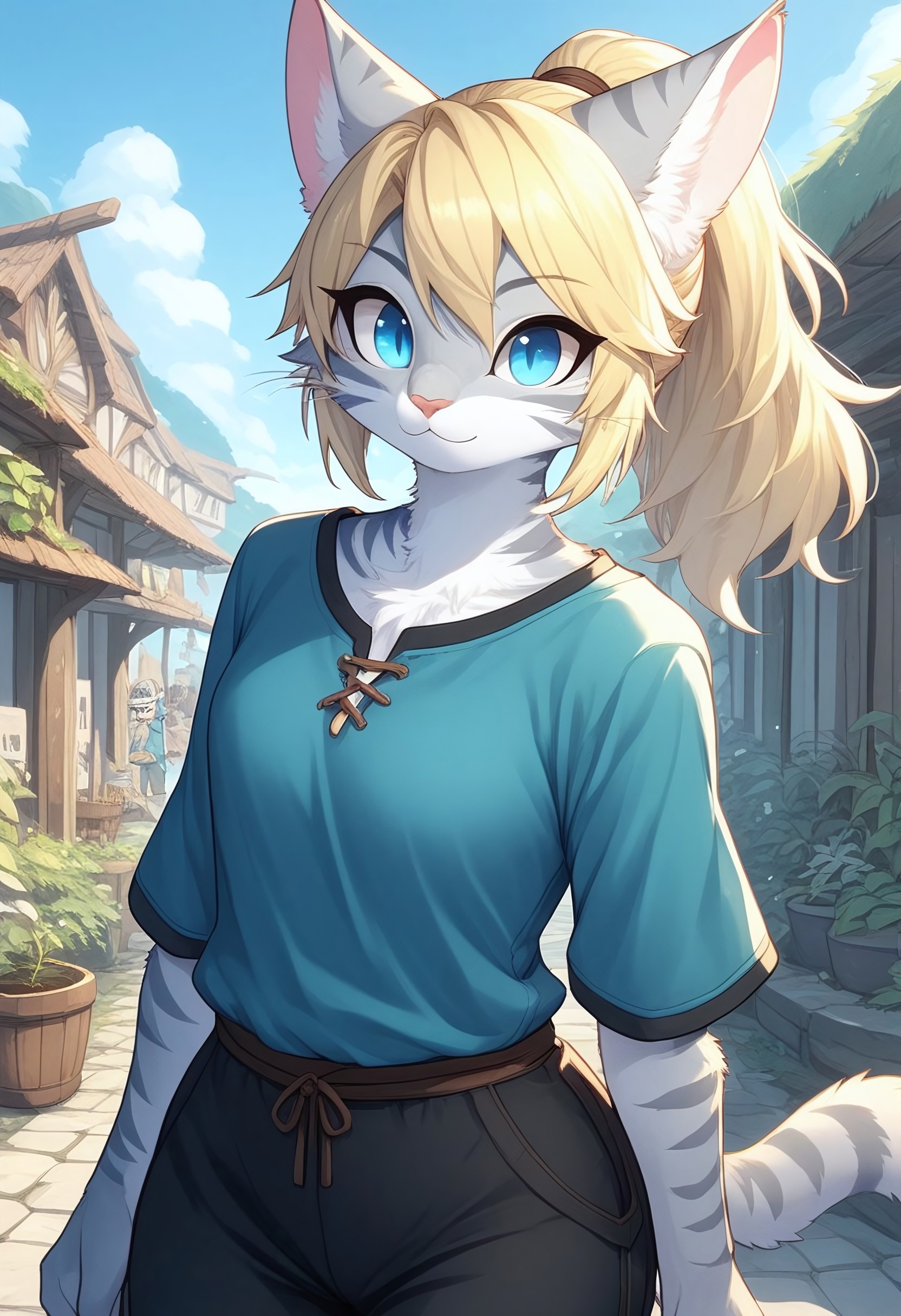 score_9, score_8_up, score_7_up, kemono style, Kat, blonde hair, ponytail, blue eyes, pink nose, :3, silver fur, grey stripes, wearing blue tunic, black pants, standing, outdoors