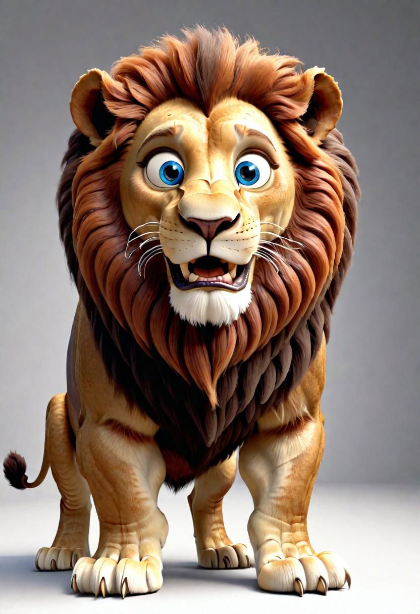 3d,art by pixar,cartoon, a fleshmutant cute lion with big brown mane and blue eyes